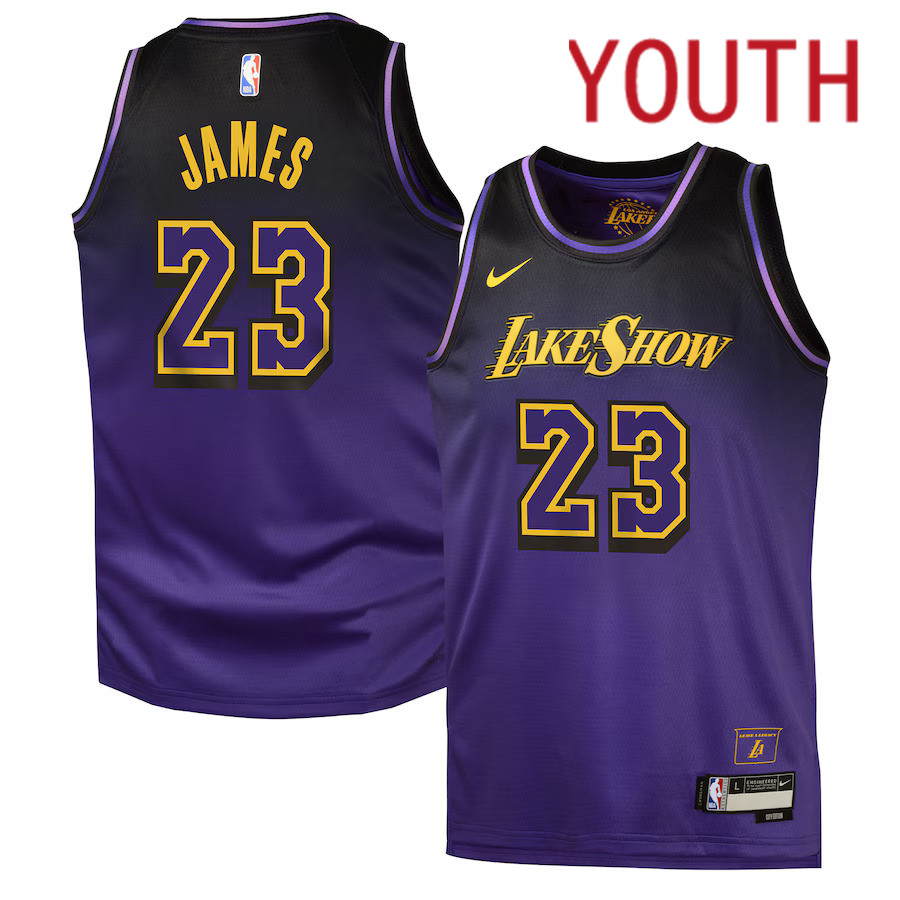 Youth Los Angeles Lakers #23 LeBron James Nike Purple City Edition 2024-25 Swingman Player NBA Jersey->youth nba jersey->Youth Jersey